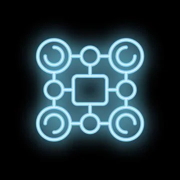 Neon blue blockchain technology network connecting icon on black background Stock Illustration