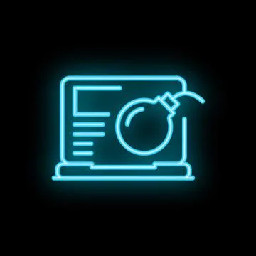 Neon blue bomb exploding from laptop screen on black background 스톡 일러스트