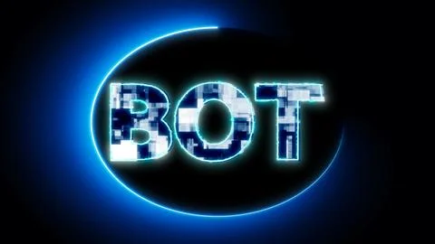 Neon blue "BOT" sign with digital pixel effect on a dark background. Stock Illustration