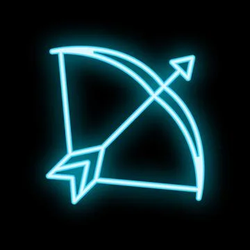 Neon blue bow and arrow sign on black background Stock Illustration