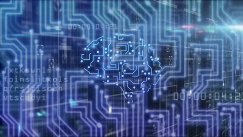 Neon-blue brain circuit forming from drifting dots, pulsing nodes routing Video stock 334351514