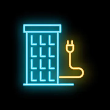 Neon blue building with electrical plug glowing on black brick wall backgroun Stock Illustration