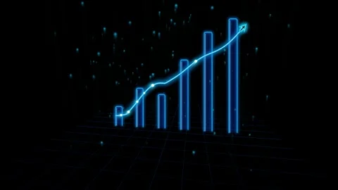 Neon blue business bar chart with upward arrow showing market growth in dig.. Vídeos de archivo 343249053
