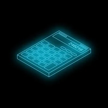 Neon blue calculator displaying numbers on black background Stock Illustration