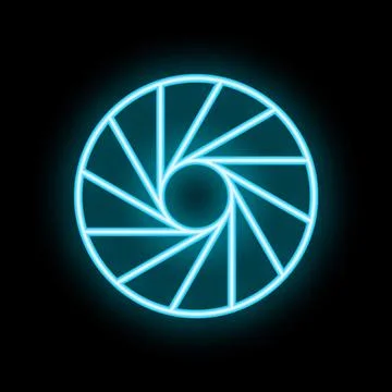 Neon blue camera shutter glowing on black background Stock Illustration