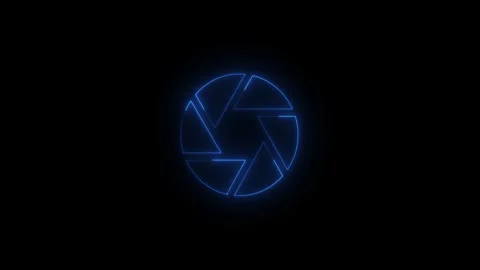 Neon blue Camera Shutter Icon Animation on Black Background.Glowing apertur.. 스톡 동영상 340486492