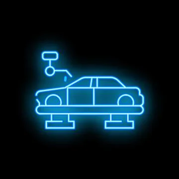 Neon blue car assembly line icon on black background Stock Illustration