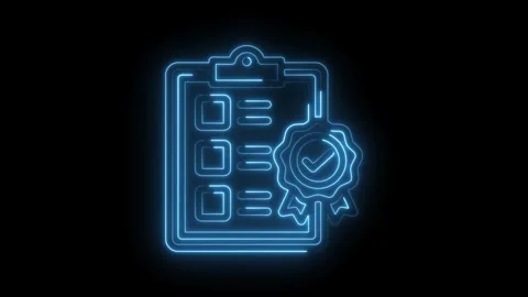 Neon blue checklist with checkmark badge glowing on black background abstra.. Stock Footage 346009653
