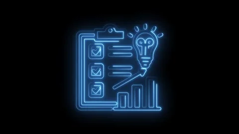 Neon blue checklist clipboard with lightbulb idea and rising bar graph Stock Footage 333957973