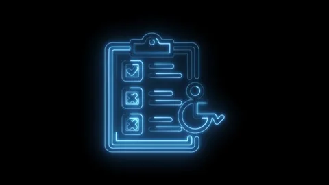 Neon Blue Checklist Icon with Accessibility Symbol on Black Background Digital Stock Footage 333957207