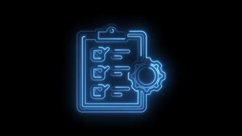 Neon blue checklist icon with gear symbol representing task completion project Stock Footage 333970283
