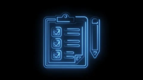Neon blue checklist with pencil on black background animated glowing lines .. Stock Footage 346009867