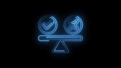 Neon blue checkmark and cross on balance scale glowing on icon black background Vídeo Stock 333954872