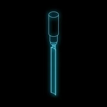 Neon blue chisel glowing on dark background, woodworking tool illustration Stock Illustration