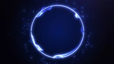 Neon blue circle frame with glowing ring, scattered particles and dark abst.. Stock Illustration