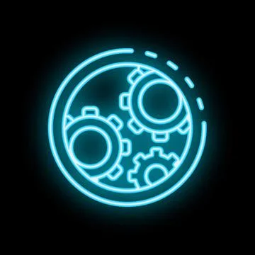Neon blue circle with gears rotating inside symbolizing automation Stock Illustration