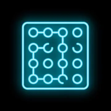 Neon blue circuit board technology icon showing connections on black backgrou Illustrazione stock