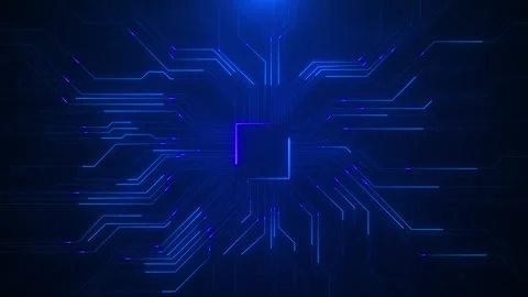 Neon blue circuit chip background glowing square processor, purple accents, Stock Footage 334061077