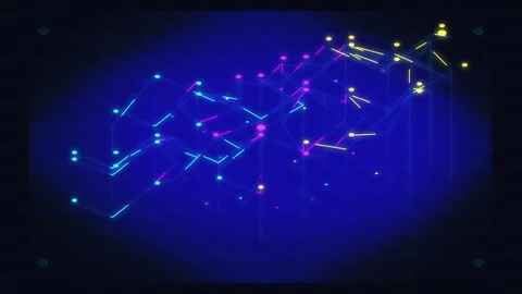 Neon blue circuit loop with digital data streams and cyber grid Stock Footage 347248554