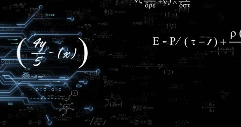 Neon blue circuit network lines glowing across black backdrop, showing math and Stock Footage 309284881
