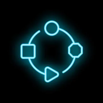 Neon blue circular flowchart with geometric shapes on black background 스톡 일러스트