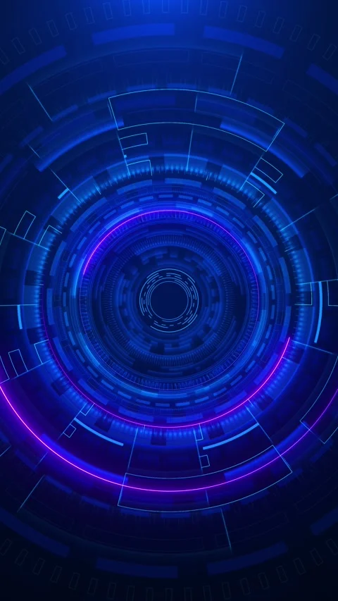 Neon blue circular interface background layered rings, radial HUD markings, purp Stock Footage 340414918