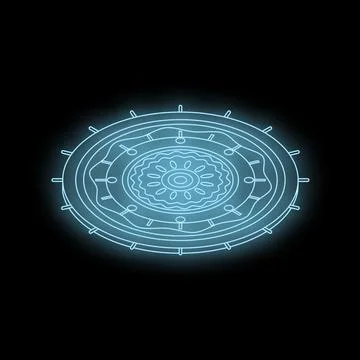 Neon blue circular mandala radiating a mystical aura on a dark background, pe Stock Illustration