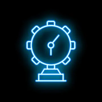 Neon blue clock with cogwheel design on black background Stock Illustration
