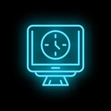 Neon blue clock displaying on computer monitor icon for time management conce イラスト素材