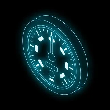 Neon blue clock face glowing on black background Stock Illustration