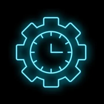 Neon blue clock face replacing center of gear shape on black background Stock Illustration