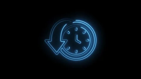 Neon blue clock icon with circular arrow rewind symbol glowing on black Stock Footage 333961299