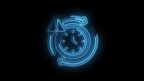 Neon blue clock icon with circular arrows and warning symbol motion graphic Stock Footage 333964015