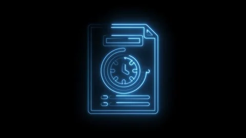 Neon blue clock icon on document paper with circular arrow indicating time Stockbeeldmateriaal 333953834
