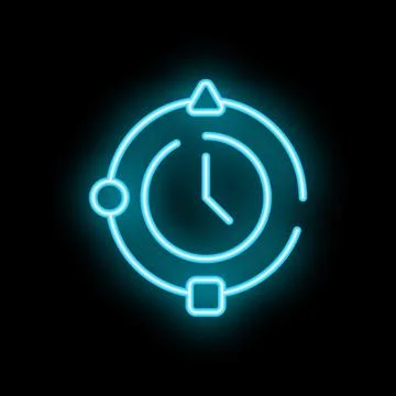 Neon blue clock icon glowing on black background Stock Illustration