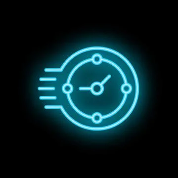 Neon blue clock icon moving fast showing speed time lapse Stock Illustration