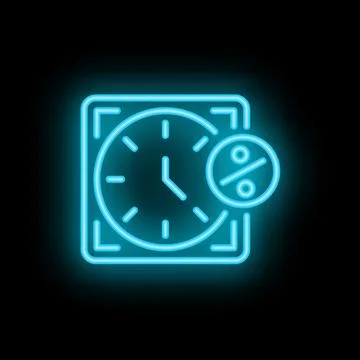 Neon blue clock showing discount percentage symbol for limited time offer Stock Illustration