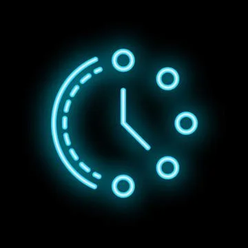 Neon blue clock showing five o'clock on black background Illustrazione stock