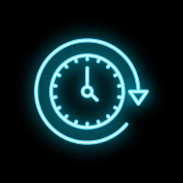 Neon blue clock showing passing of time on black background Illustrazione stock