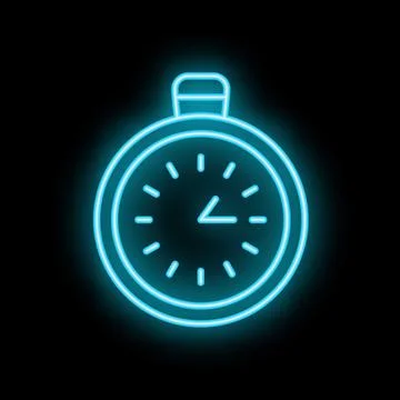 Neon blue clock showing quarter past time on black background Stock Illustration