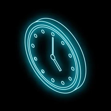 Neon blue clock showing seven o'clock on black background Stock Illustration