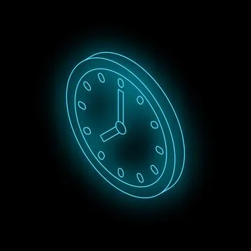 Neon blue clock showing seven o'clock on black background Stock Illustration