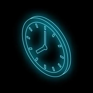 Neon blue clock showing time on black background Illustrazione stock