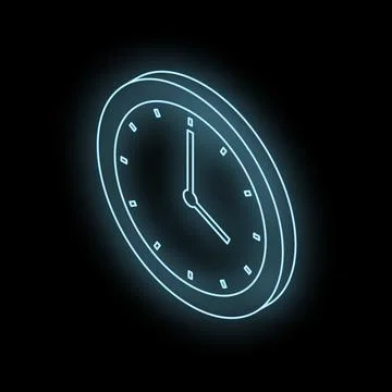 Neon blue clock showing time on black background Stock Illustration