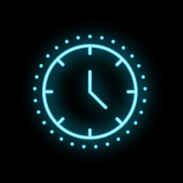 Neon blue clock showing time passing on black background Stock Illustration