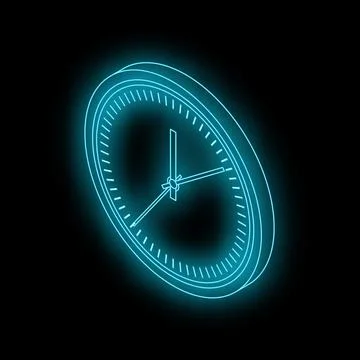 Neon blue clock showing time on black background Stock Illustration