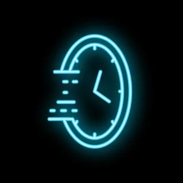 Neon blue clock speeding up time lapse on black background Stock Illustration
