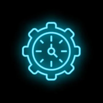 Neon blue clock surrounded by gear shape on black background Illustrazione stock