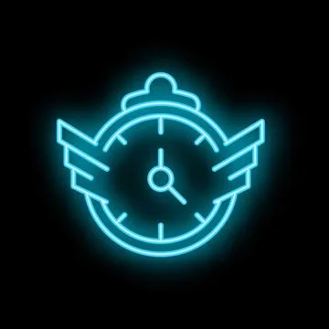 Neon blue clock with wings is glowing in the dark Stock Illustration