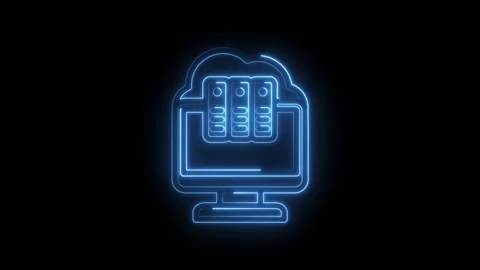 Neon blue cloud computing icon with servers on monitor screen glowing on black Stock Footage 333967171
